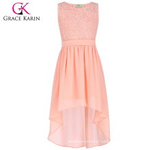 Grace Karin Crianças Kids Sleeveless Neck Crew High-Low Lace Chiffon Pink Girls Dress 2-12 Anos CL008976-2